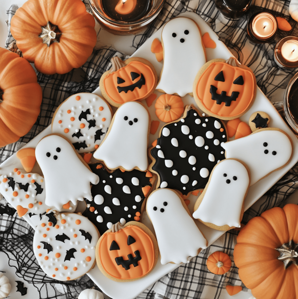 A tray of festive Halloween treats for kids, featuring cookies shaped like ghosts and pumpkins, adorned with black and white polka dots and bat designs. They're nestled among small pumpkins and glowing candles on a spider web tablecloth.